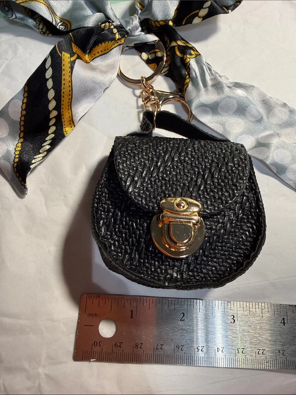 Black Woven Mini Purse Keychain with Gold Hardware with Silky Bow